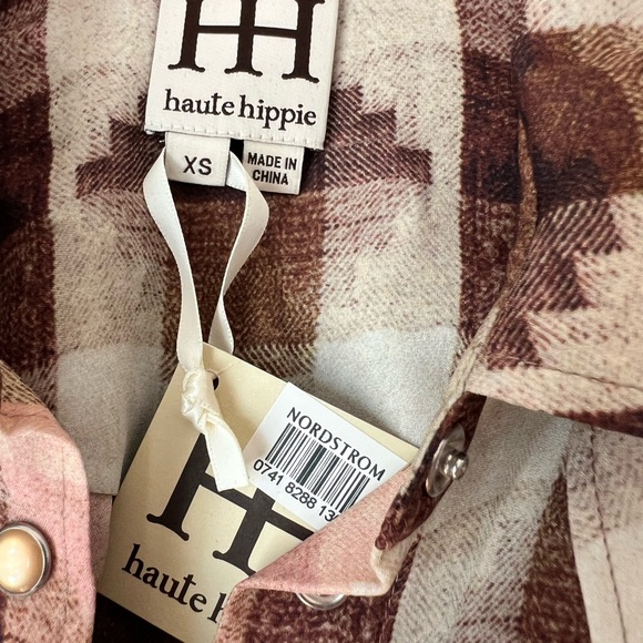NWT Haute Hippie 100% Silk Plaid Western Snap Blouse - Brown/Cream - Picture 5 of 8